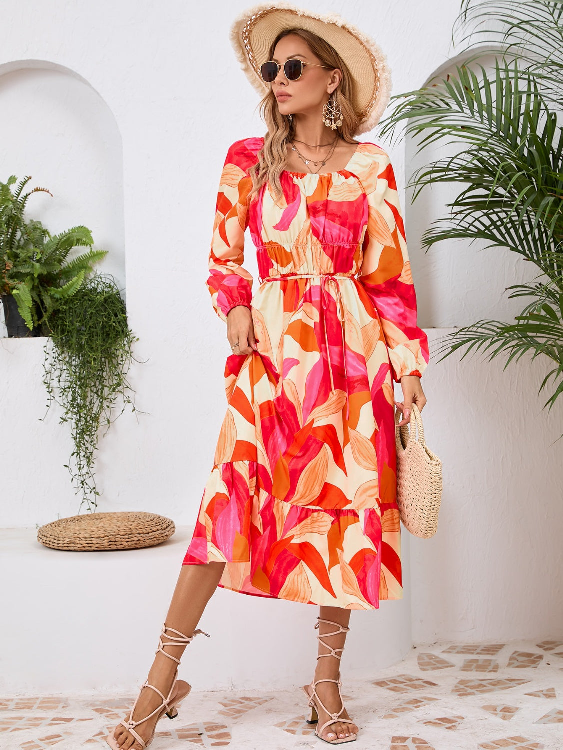 Tropical Floral Long Sleeve Midi Dress