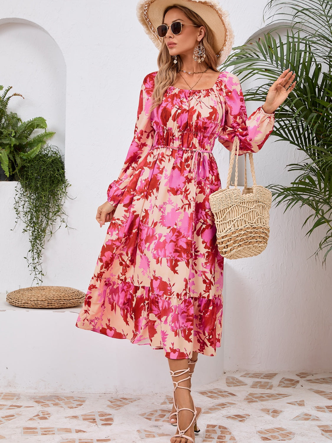 Tropical Floral Long Sleeve Midi Dress