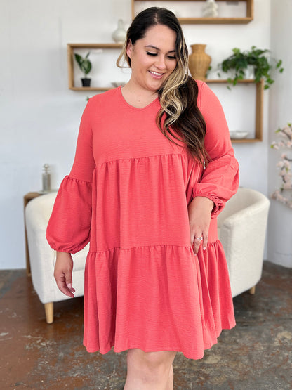 V-Neck Balloon Sleeve Tiered Dress with Pockets