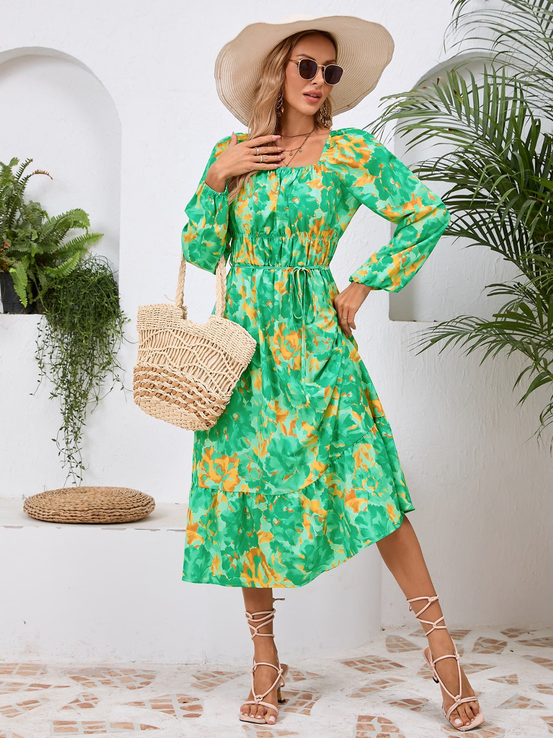 Tropical Floral Long Sleeve Midi Dress