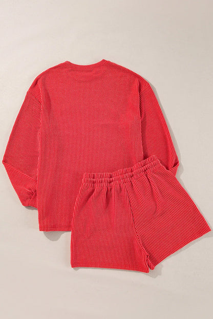 MERRY Round Neck Long Sleeve Top and Shorts Lounge Set