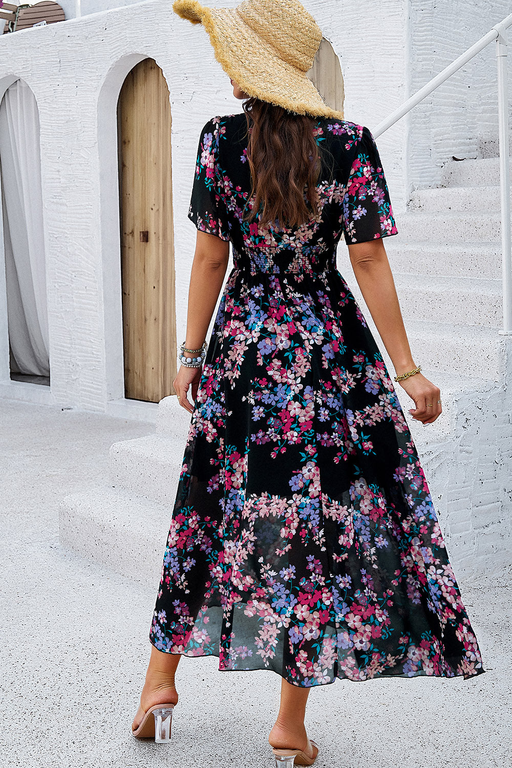 Floral V-Neck Short Sleeve Dress