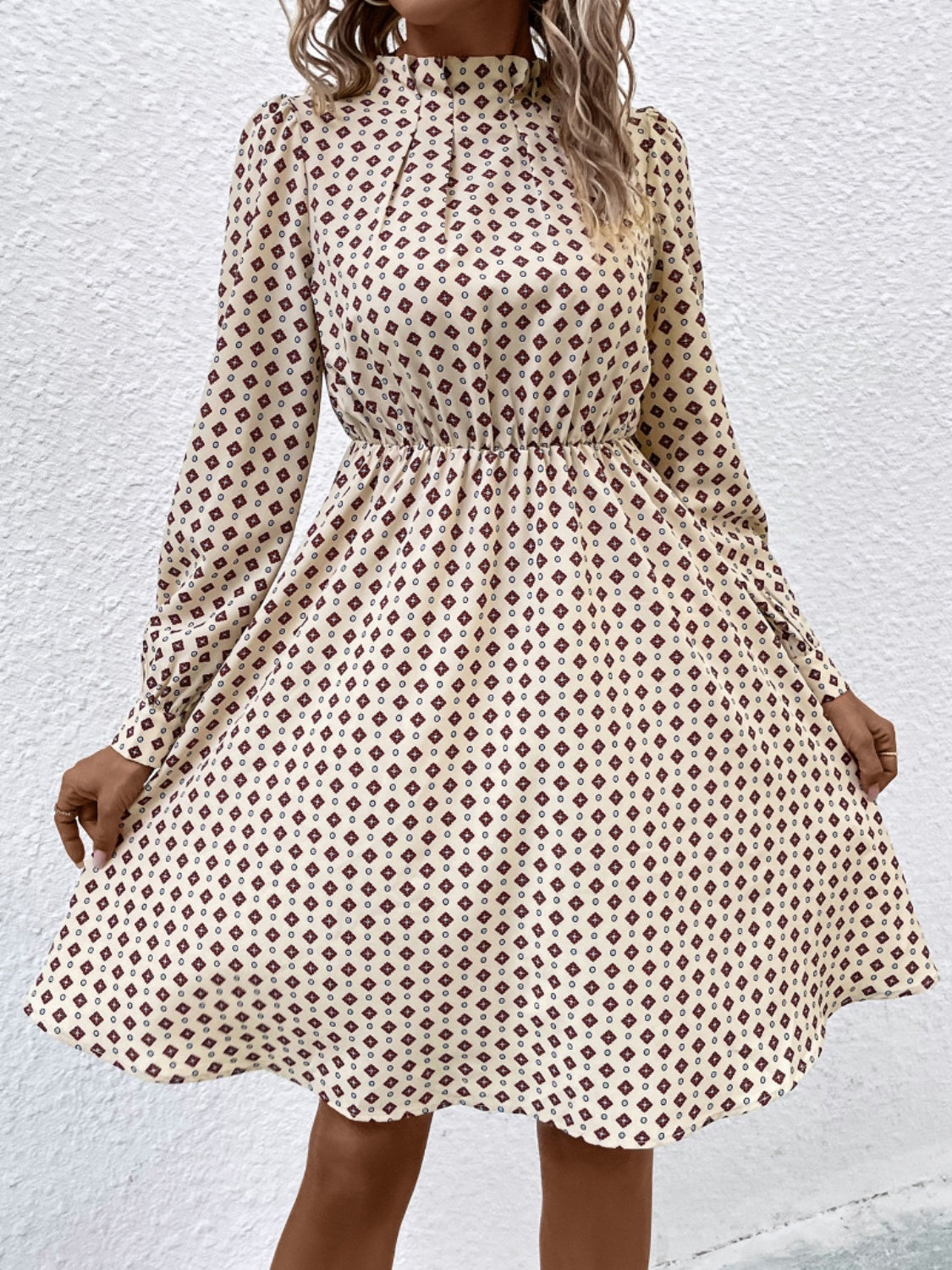 Patterned Mock Neck Long Sleeve Dress