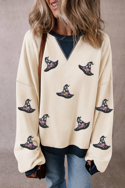 Sequin Witch Hat Print Long Sleeve Sweatshirt