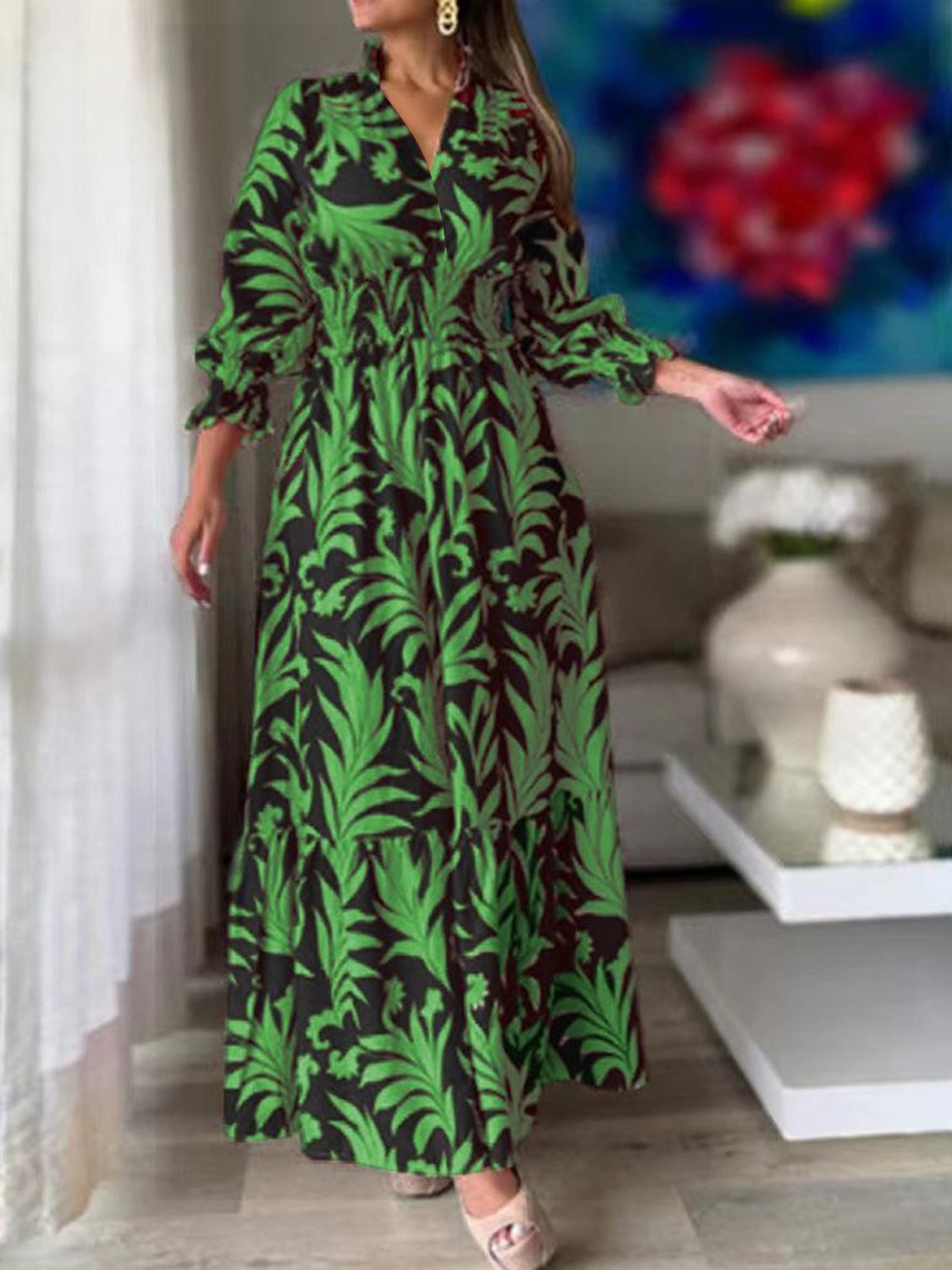 De Lis Flounce Sleeve Maxi Dress