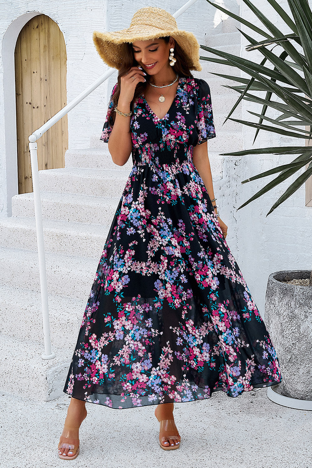 Floral V-Neck Short Sleeve Dress