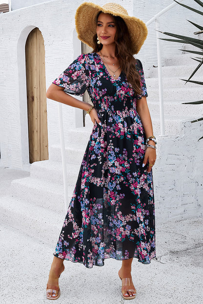 Floral V-Neck Short Sleeve Dress