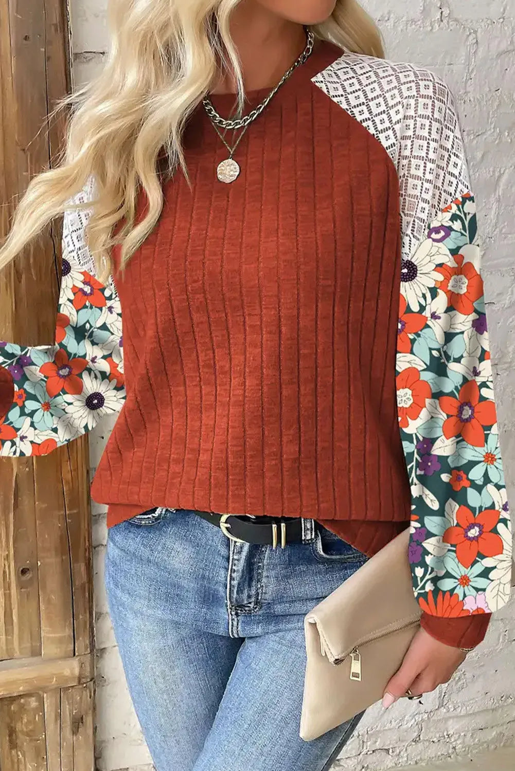 Floral Sleeve Ribbed Sweater