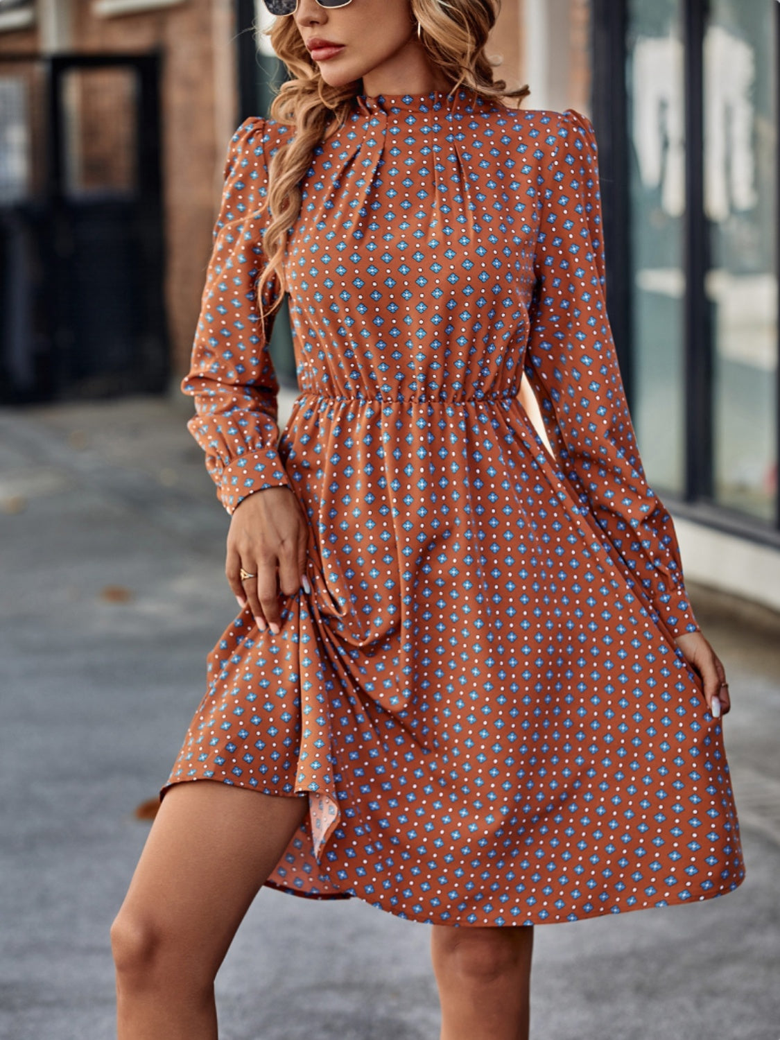 Patterned Mock Neck Long Sleeve Dress