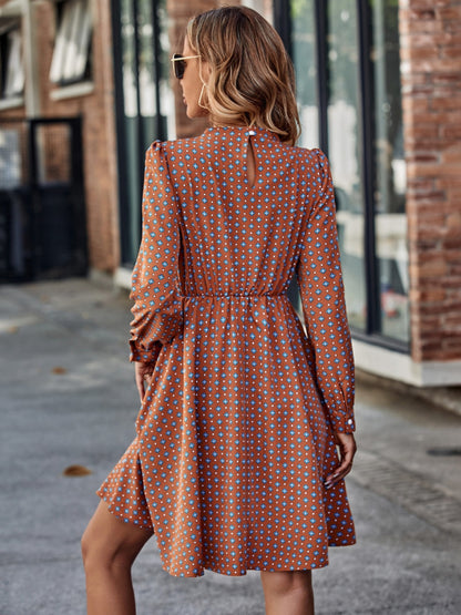 Patterned Mock Neck Long Sleeve Dress