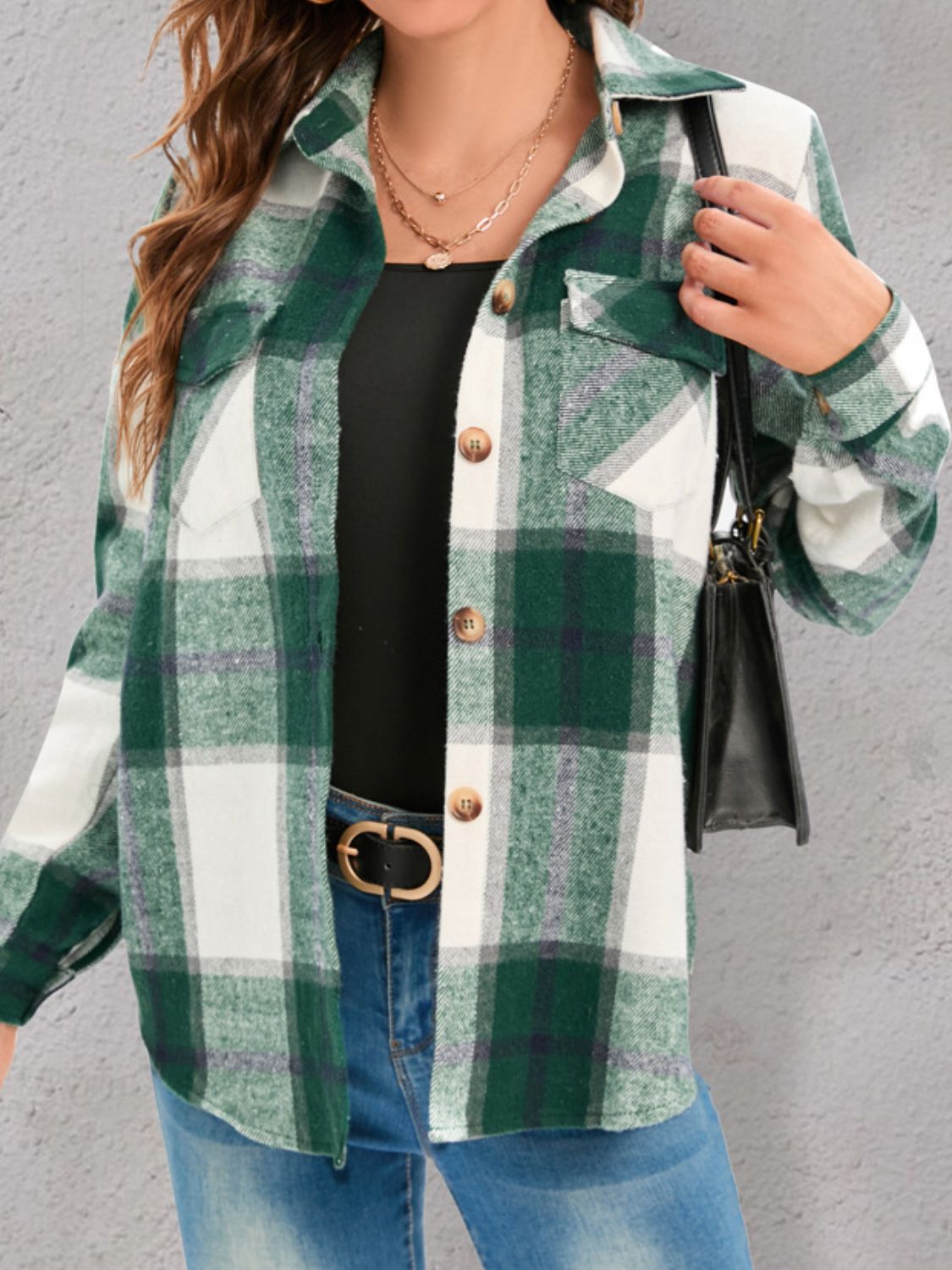 Pocketed Plaid Collared Neck Shirt