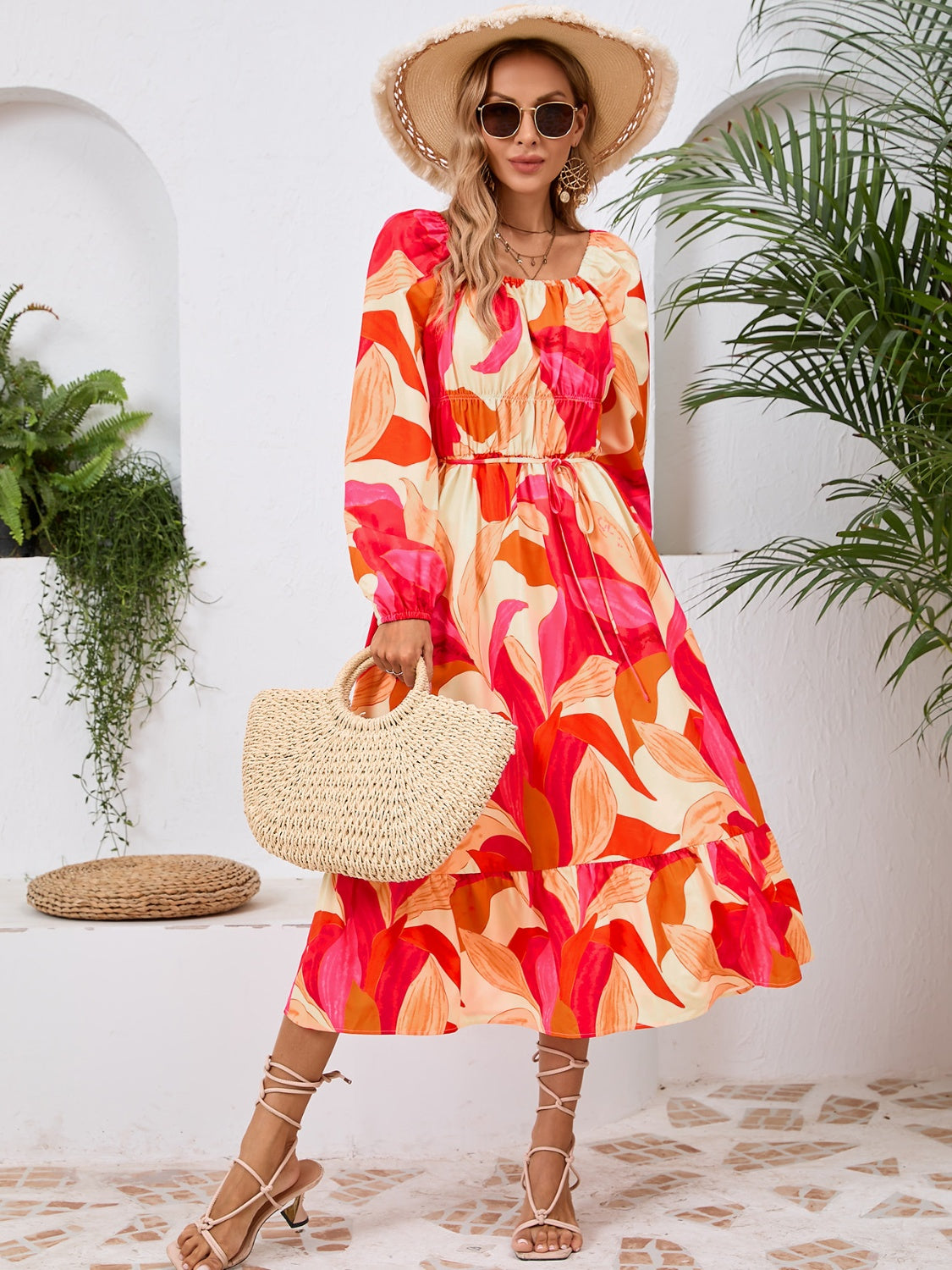 Tropical Floral Long Sleeve Midi Dress