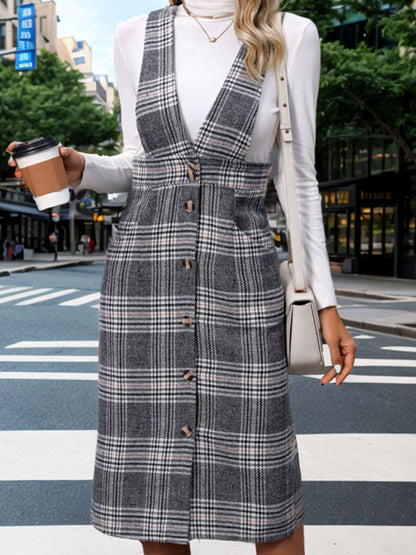 Pocketed Plaid Overall Dress