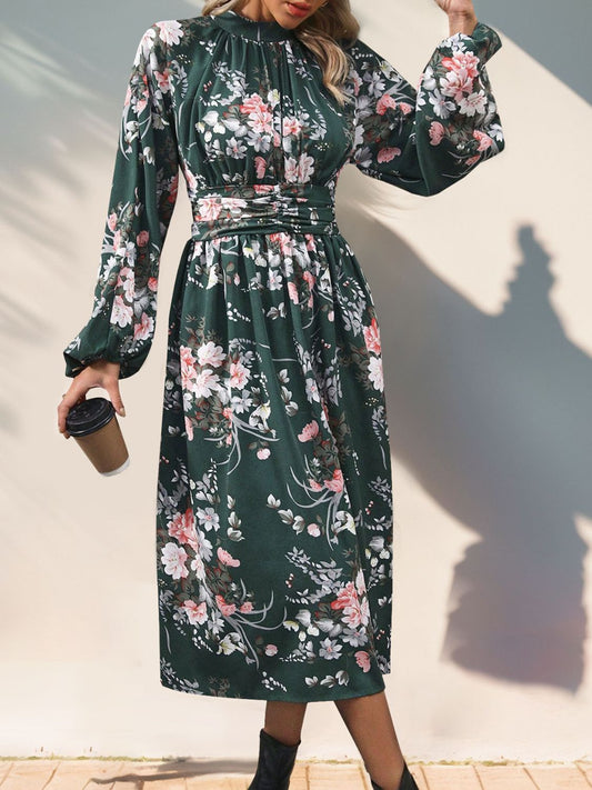 Classy Floral Mock Neck Long Sleeve Midi Dress