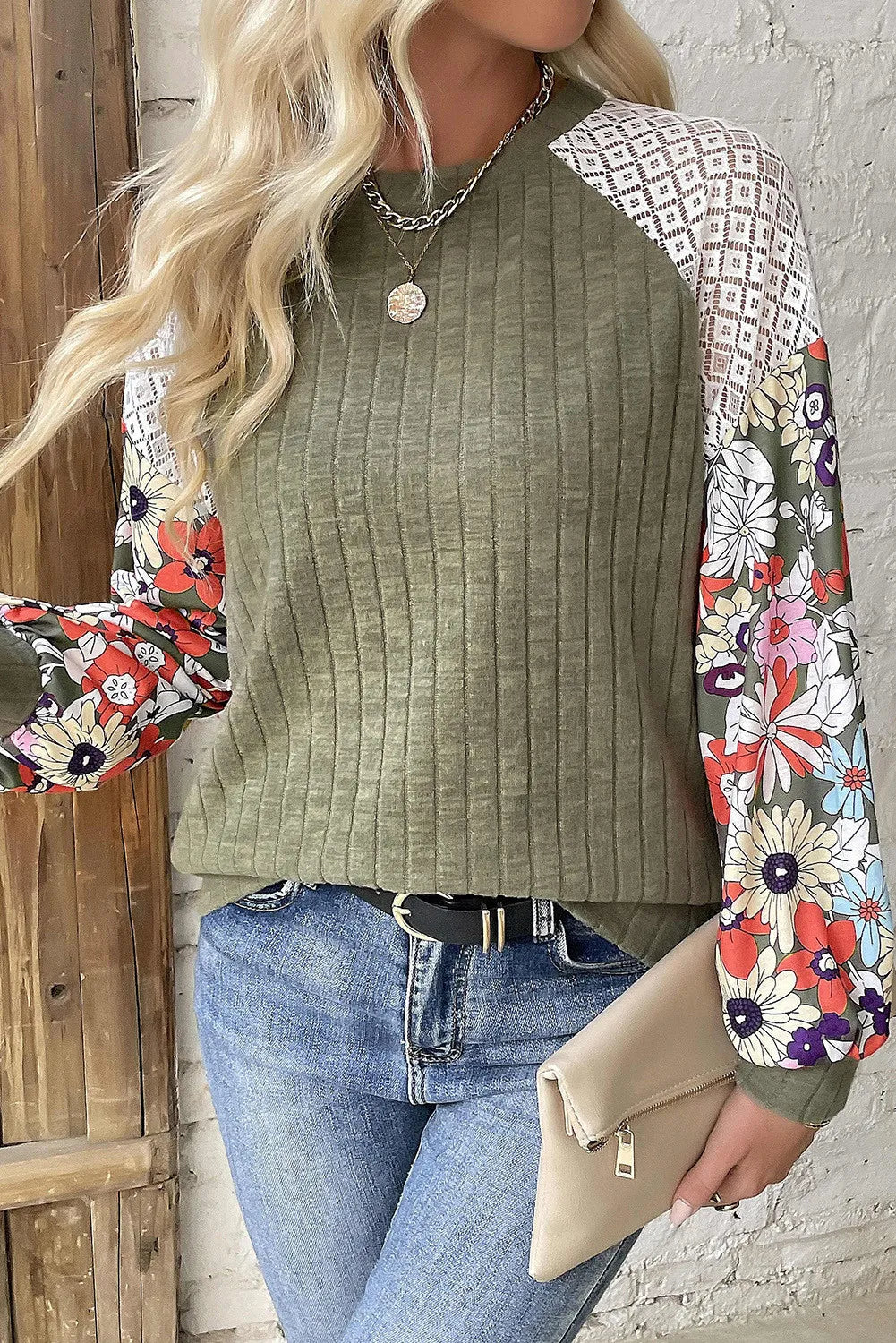 Floral Sleeve Ribbed Sweater