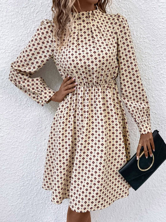 Patterned Mock Neck Long Sleeve Dress