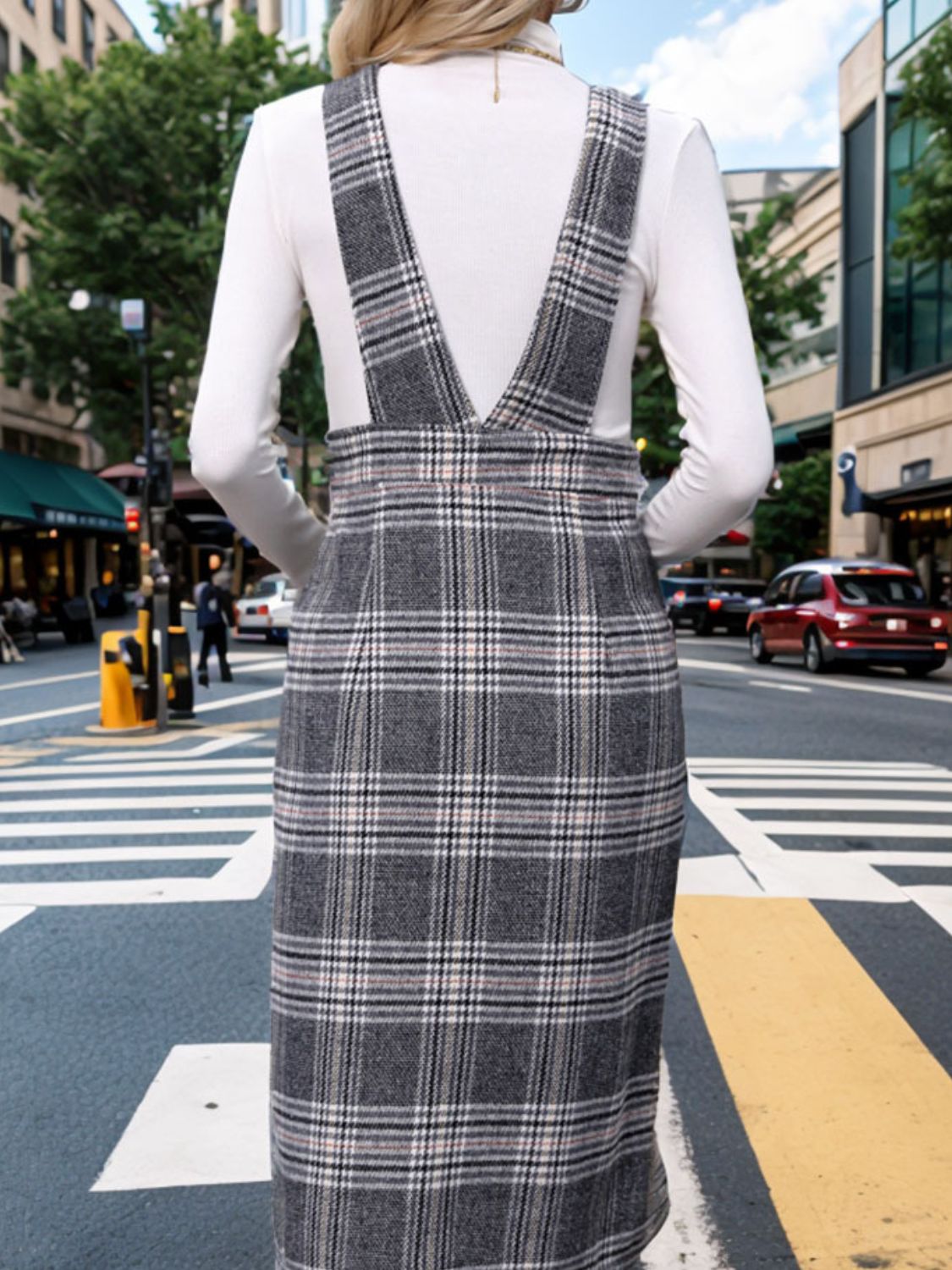 Pocketed Plaid Overall Dress