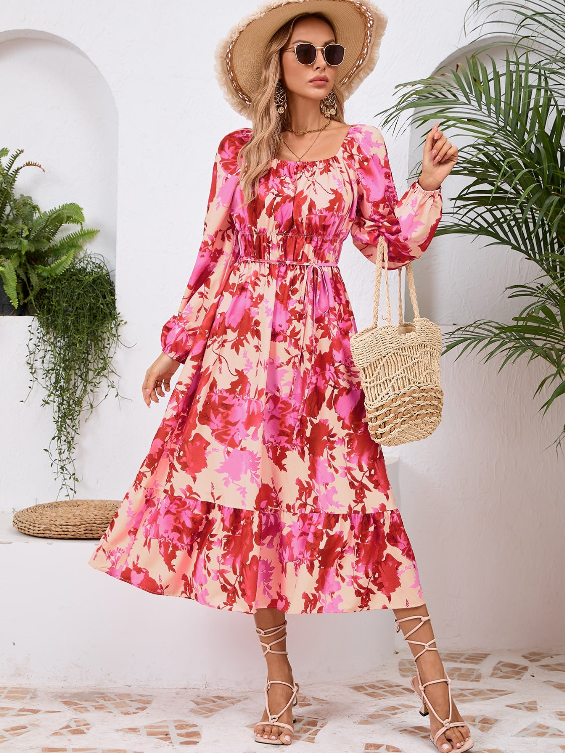 Tropical Floral Long Sleeve Midi Dress