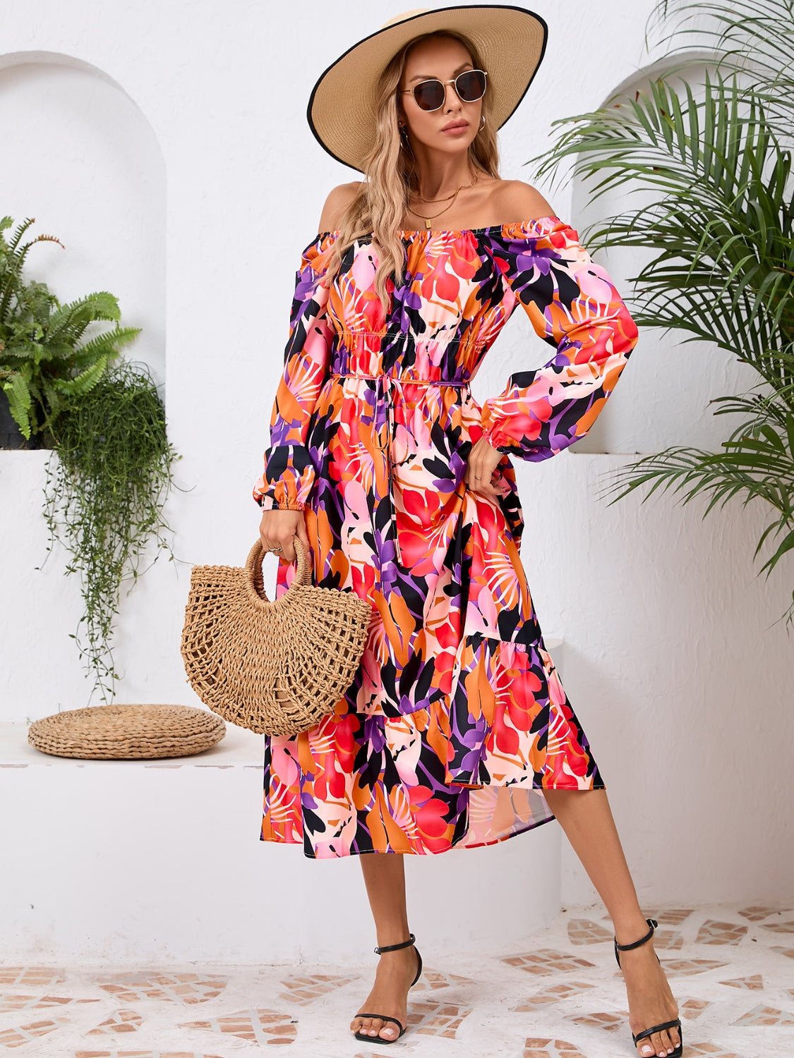 Tropical Floral Long Sleeve Midi Dress