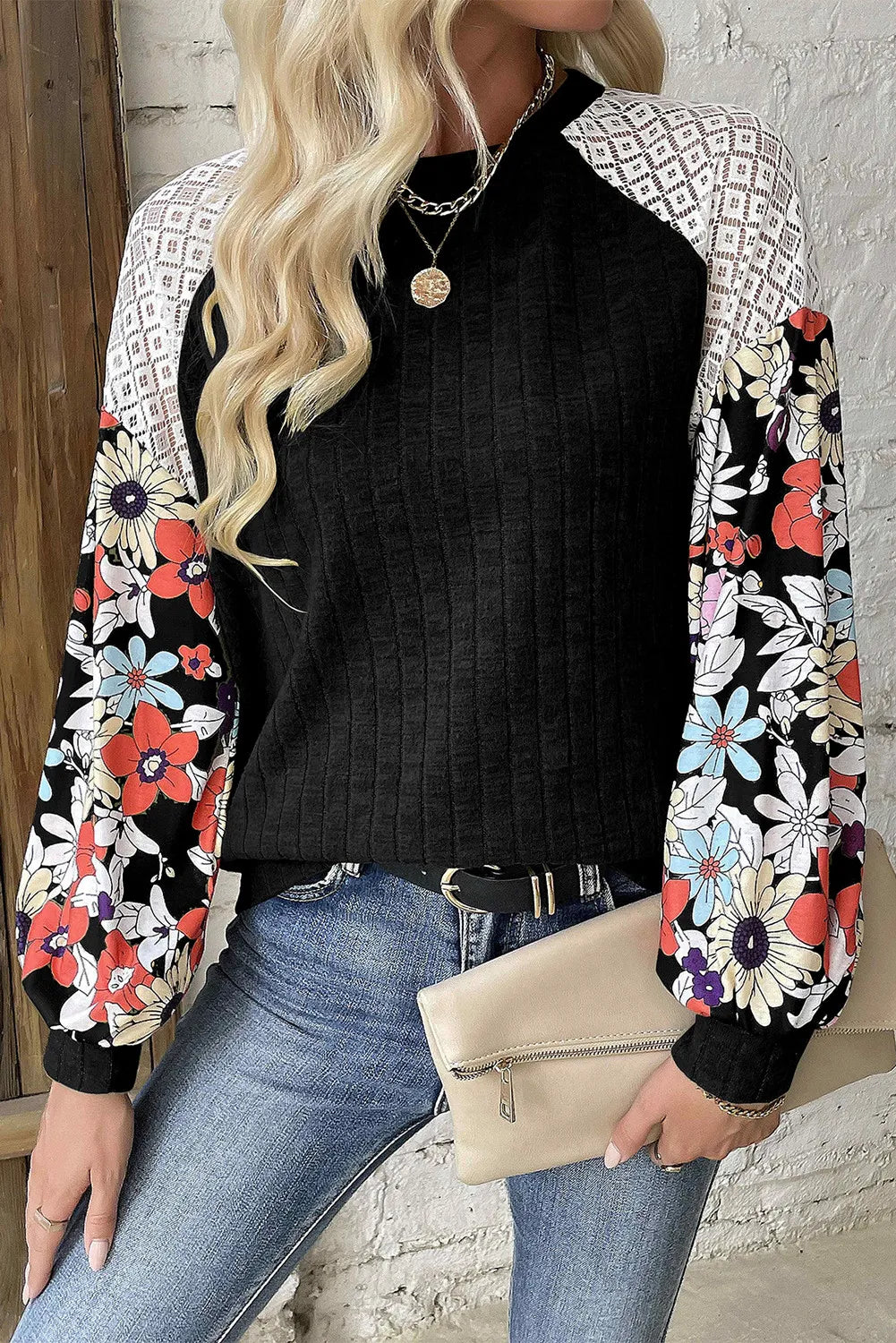 Floral Sleeve Ribbed Sweater