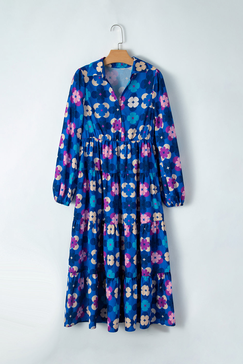 Quilt Pattern Collared Neck Long Sleeve Midi Dress