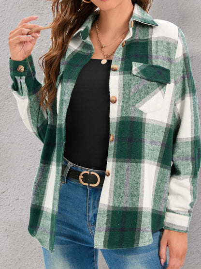 Pocketed Plaid Collared Neck Shirt