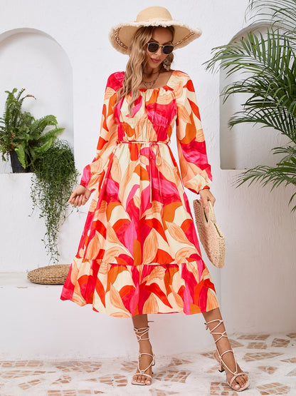 Tropical Floral Long Sleeve Midi Dress