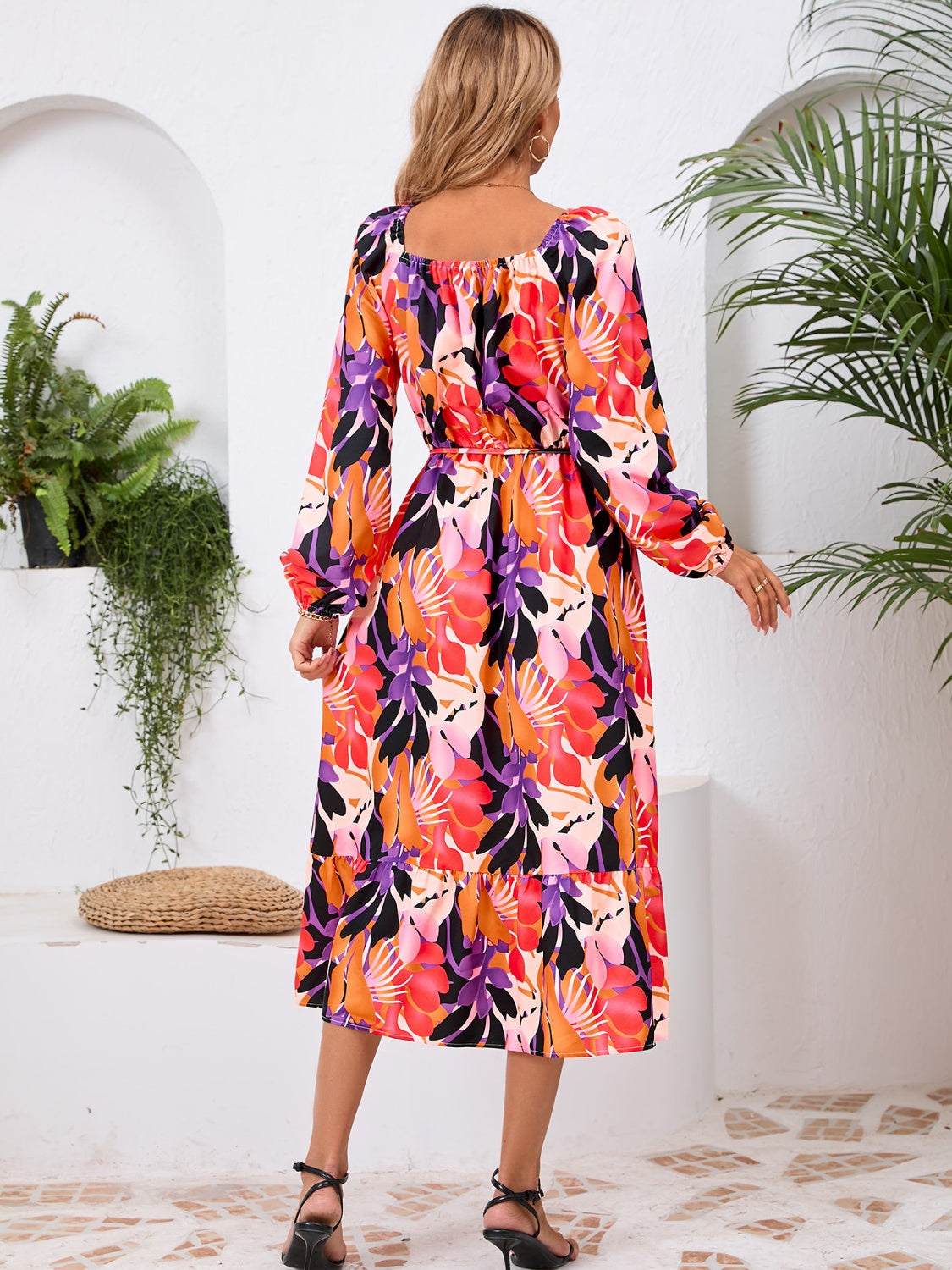 Tropical Floral Long Sleeve Midi Dress