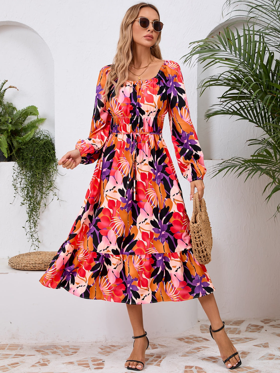 Tropical Floral Long Sleeve Midi Dress